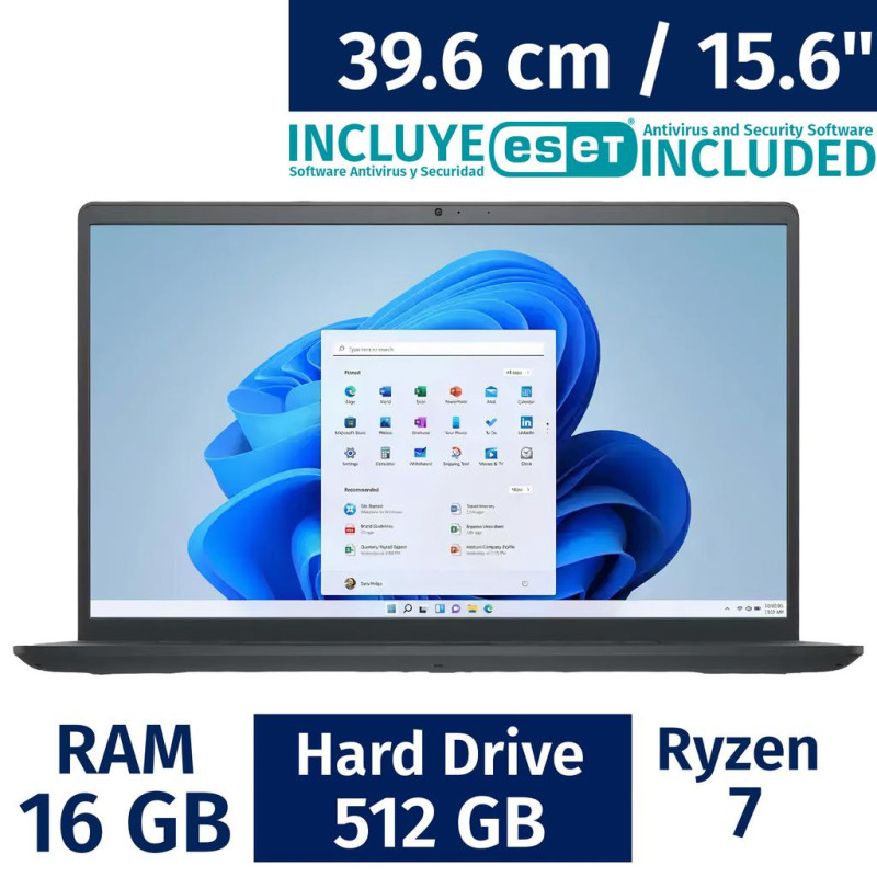 Laptop Dell 15.6 pulgadas (AMD Ryzen 7, 16GB RAM, 512GB SSD) con Antivirus ESET